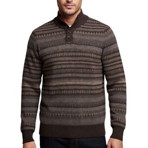Mutual Weave Mens Brown Fair Isle Stripe Mock Neck Button Sweater LT Tall